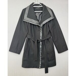 Calvin Klein Black Wool Wrap Coat Womens Size 16 Small Belted Overcoat Preppy